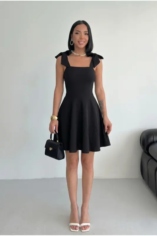 Women's Stripe Detail Strapless Neck Tie Strap Design Black Black Flared Mini Evening Dress - Black BLACK 2 - 3