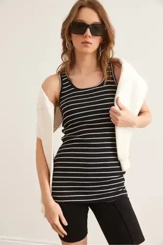Women's Striped Black Long Bustier Tank Top ATL-00000003-Striped Black - 1