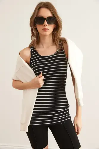 Women's Striped Black Long Bustier Tank Top ATL-00000003-Striped Black - Modazone (1)