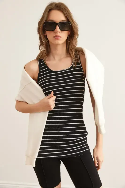 Women's Striped Black Long Bustier Tank Top ATL-00000003-Striped Black - 2