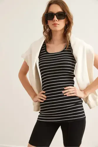 Women's Striped Black Long Bustier Tank Top ATL-00000003-Striped Black - 3