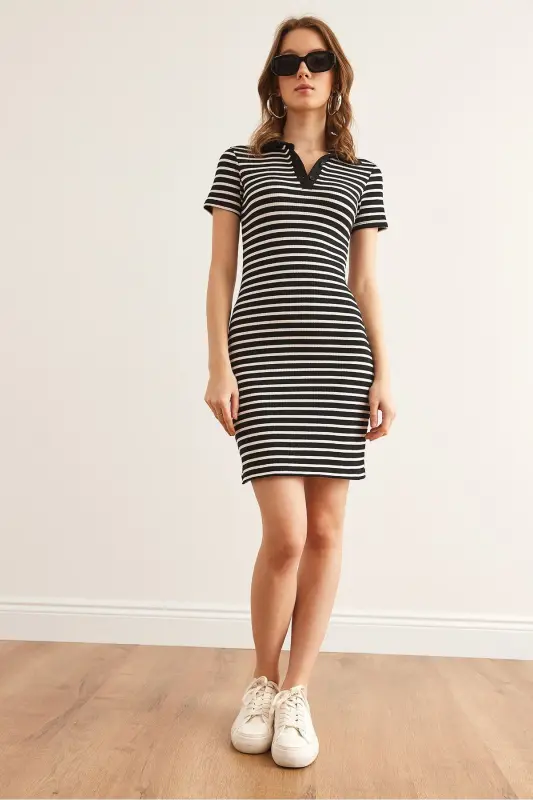 Women's Striped Black Polo Neck Mini Bustier Dress - 2
