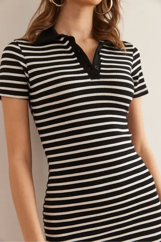 Women's Striped Black Polo Neck Mini Bustier Dress - 6