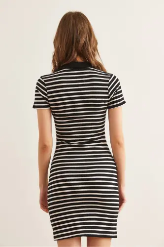 Women's Striped Black Polo Neck Mini Bustier Dress - 7