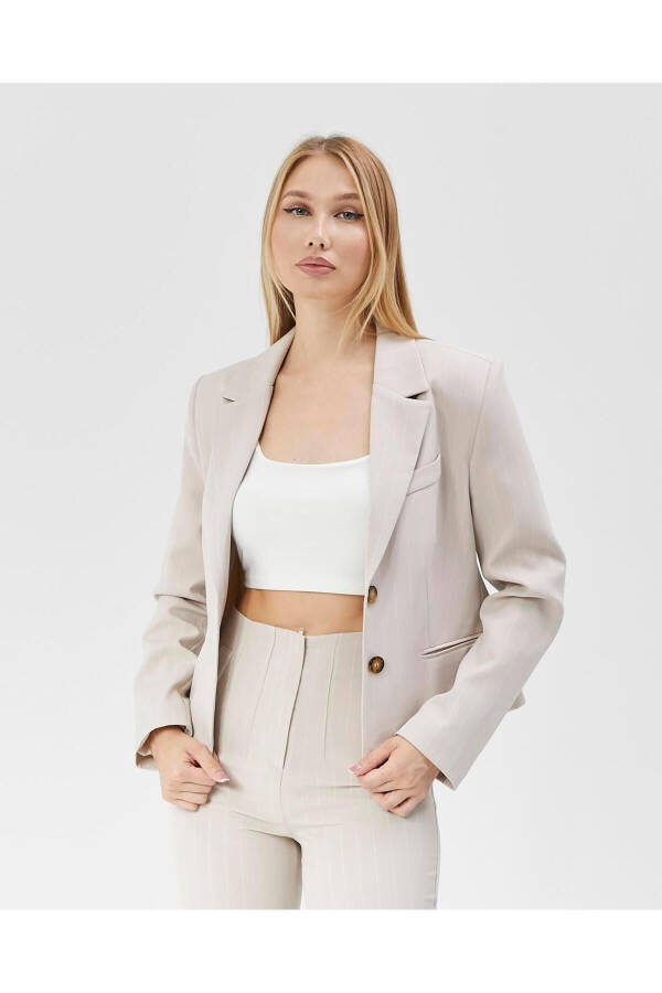 Women's Striped Classic Crop Biker Jacket BEIGE - 3