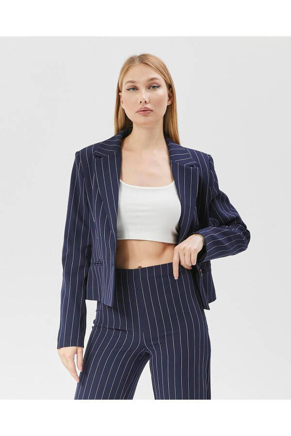 Women's Striped Classic Crop Biker Jacket NAVY - 3