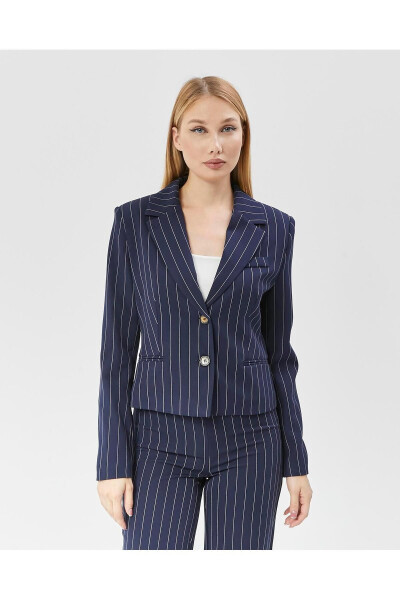 Women's Striped Classic Crop Biker Jacket NAVY - 7