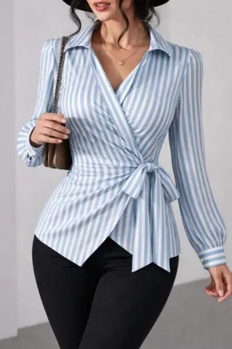 Women's Striped Double-Breasted Tie-Front Shirt - 1
