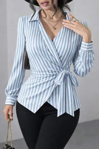 Women's Striped Double-Breasted Tie-Front Shirt - 2