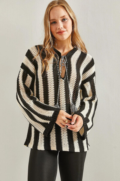 Women's Striped Front Tie Lace Knit Sweater - 15