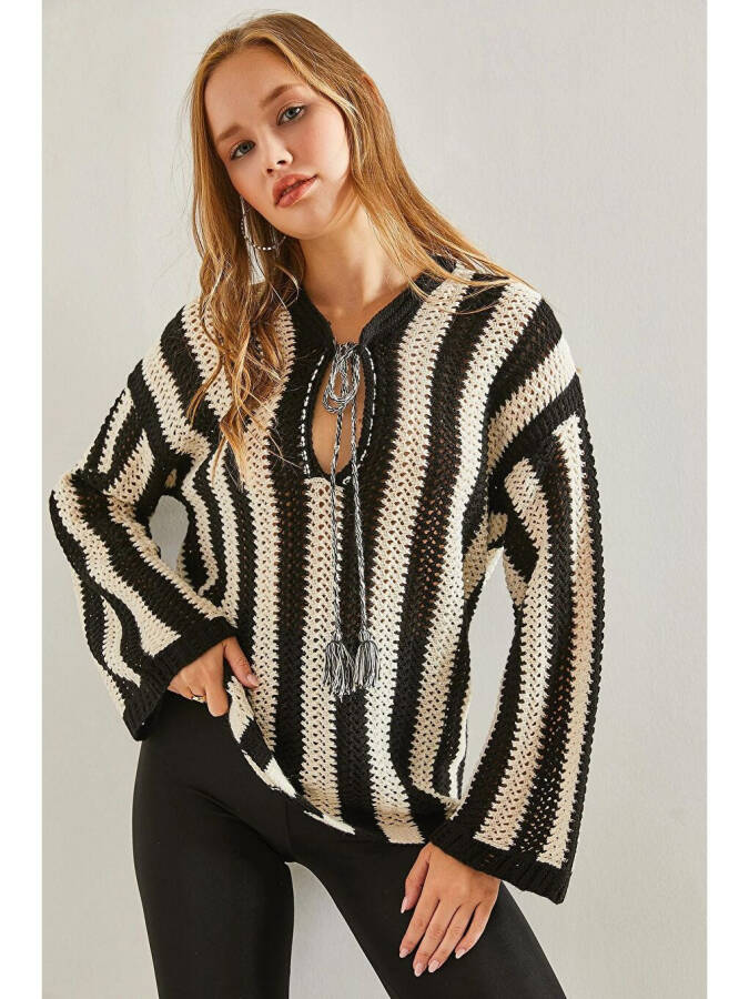 Women's Striped Front Tie Lace Knit Sweater - 6