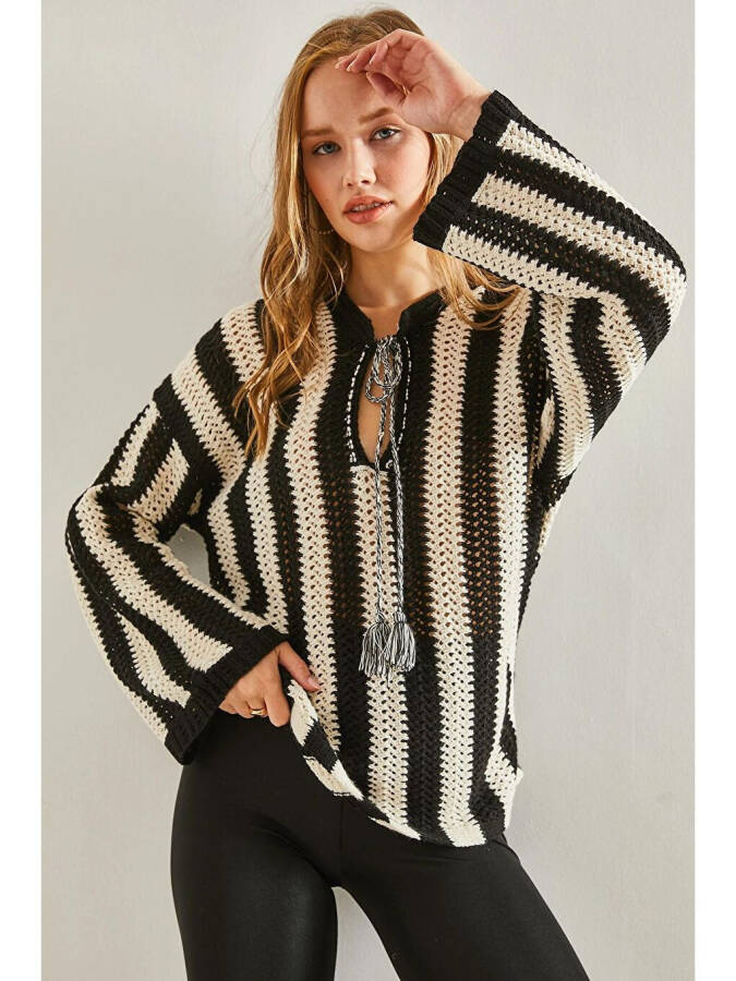 Women's Striped Front Tie Lace Knit Sweater - 7