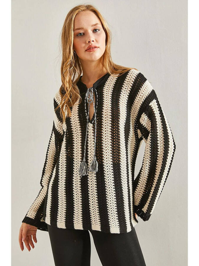 Women's Striped Front Tie Lace Knit Sweater - 9