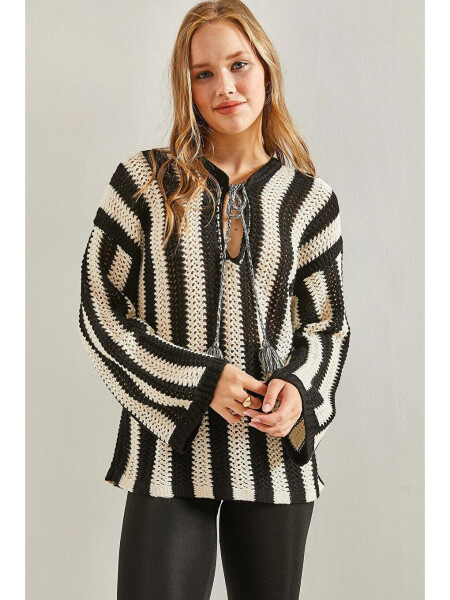 Women's Striped Front Tie Lace Knit Sweater - 10