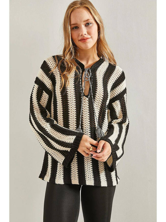 Women's Striped Front Tie Lace Knit Sweater - 5