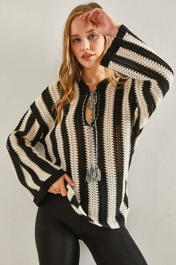 Women's Striped Front Tie Lace Knit Sweater - 17