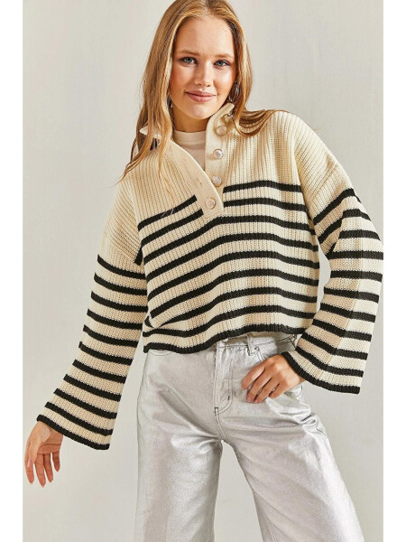 Women's Striped Knit Cardigan with Collar and Buttons - 7