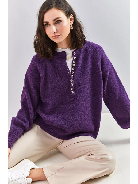 Women's Striped Knit Sweater with Button-Up Collar - 6