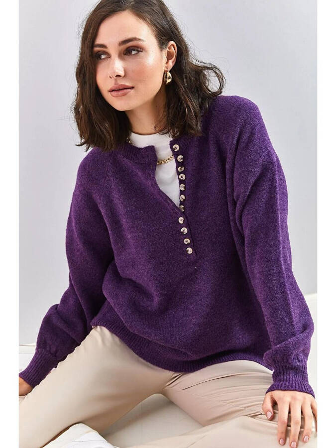 Women's Striped Knit Sweater with Button-Up Collar - 10