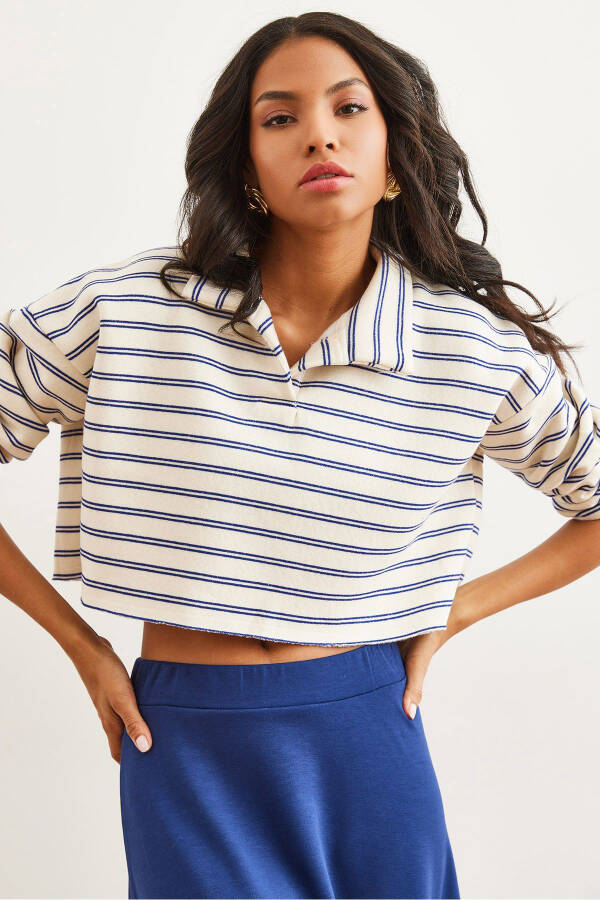 Women's Striped Navy Blue Polo Neck Striped Thistle Thick Sweatshirt SWT-19000697 - 1