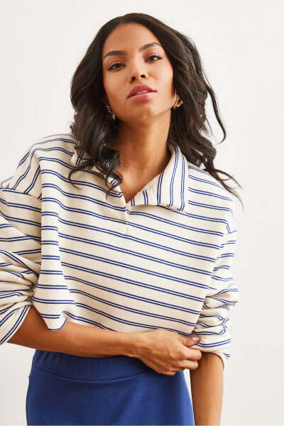 Women's Striped Navy Blue Polo Neck Striped Thistle Thick Sweatshirt SWT-19000697 - 3