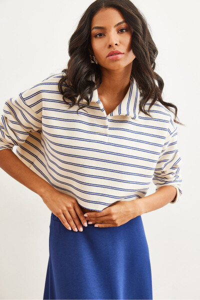 Women's Striped Navy Blue Polo Neck Striped Thistle Thick Sweatshirt SWT-19000697 - 4