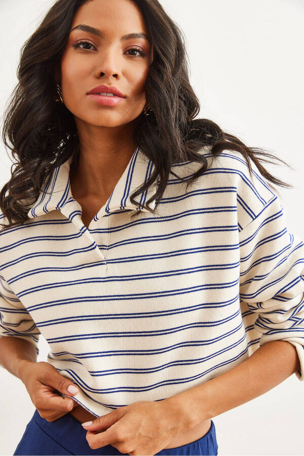 Women's Striped Navy Blue Polo Neck Striped Thistle Thick Sweatshirt SWT-19000697 - 6