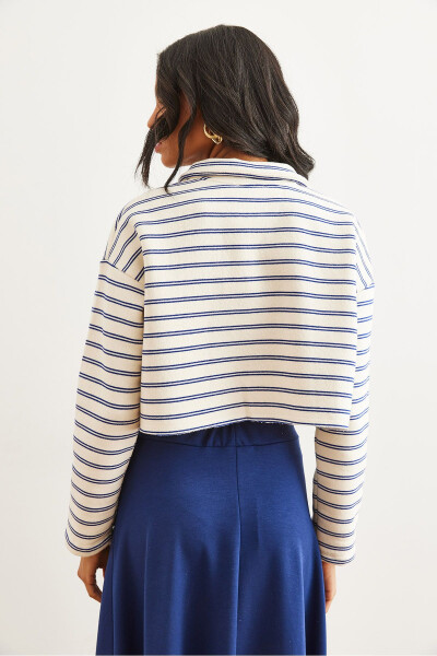 Women's Striped Navy Blue Polo Neck Striped Thistle Thick Sweatshirt SWT-19000697 - 7