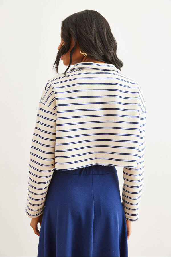 Women's Striped Navy Blue Polo Neck Striped Thistle Thick Sweatshirt SWT-19000697 - 7