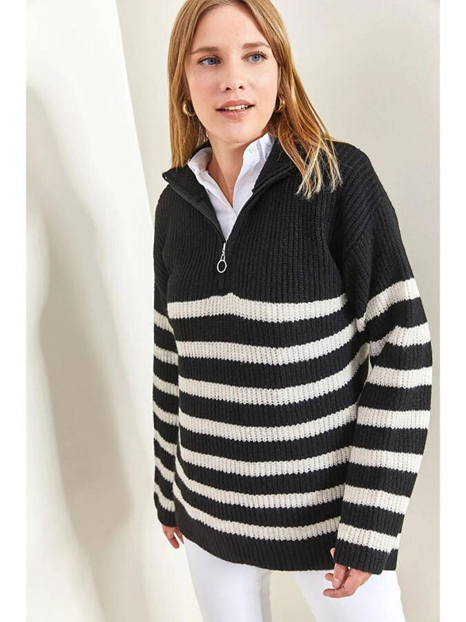 Women's Striped Oversized Zippered Knit Sweater - 5