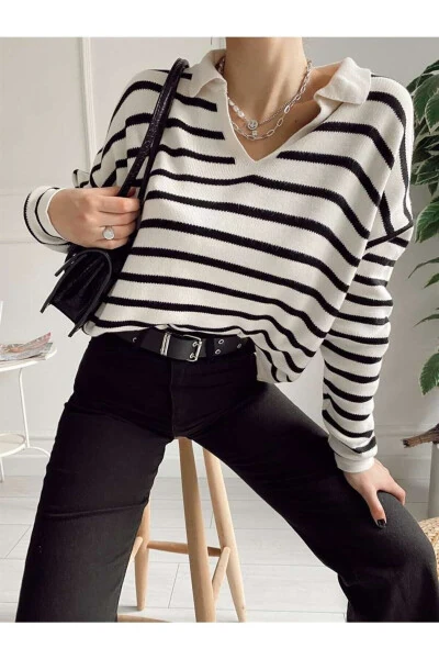 Women's Striped Polo Neck Knit Sweater - ENMODASTYLE