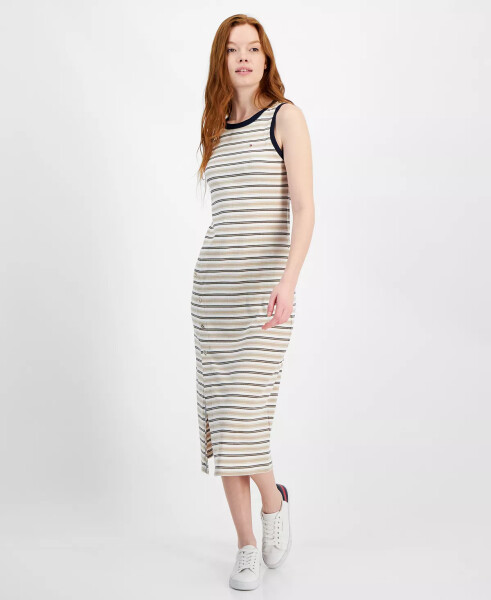 Women's Striped Ribbed Slit Midi Dress Khaki Mult - 1