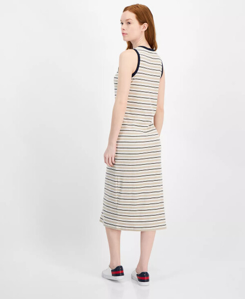 Women's Striped Ribbed Slit Midi Dress Khaki Mult - 2