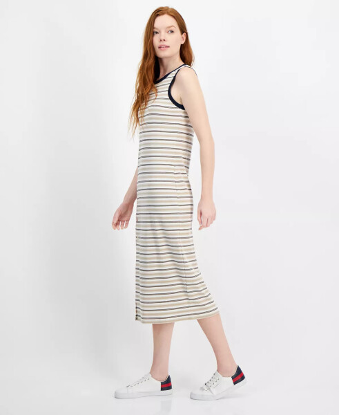 Women's Striped Ribbed Slit Midi Dress Khaki Mult - 3