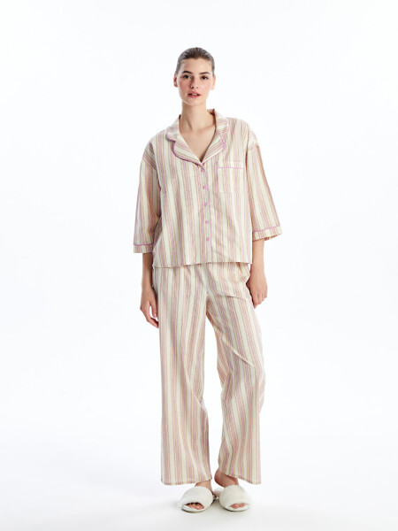 Women's Striped Short Sleeve Shirt Collar Pajama Set - 11