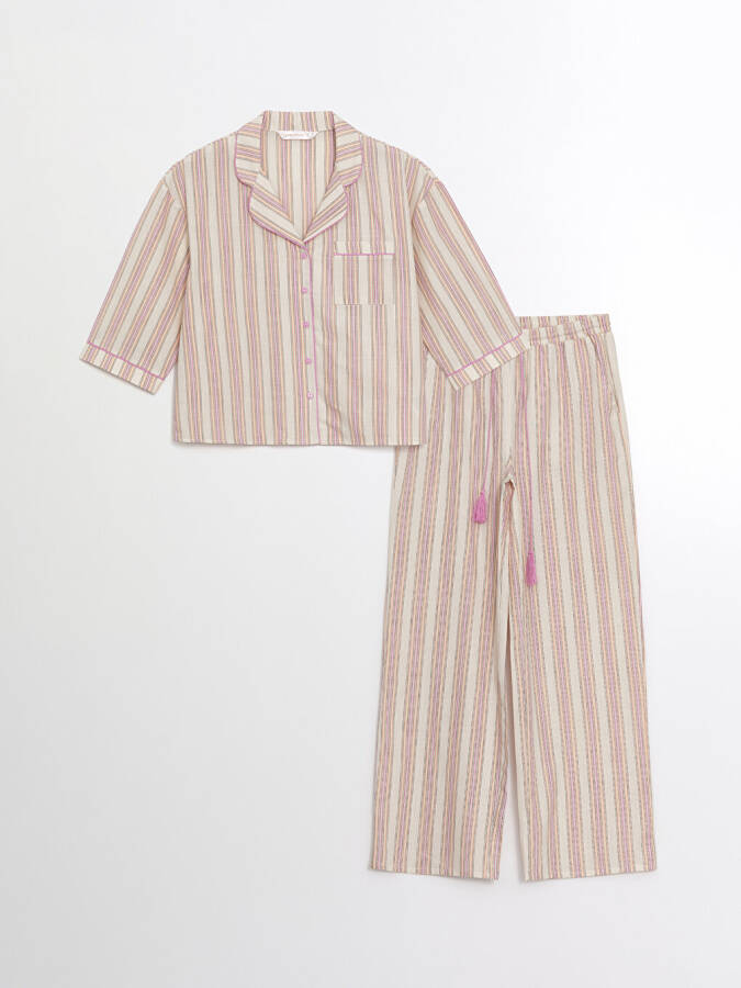 Women's Striped Short Sleeve Shirt Collar Pajama Set - 16