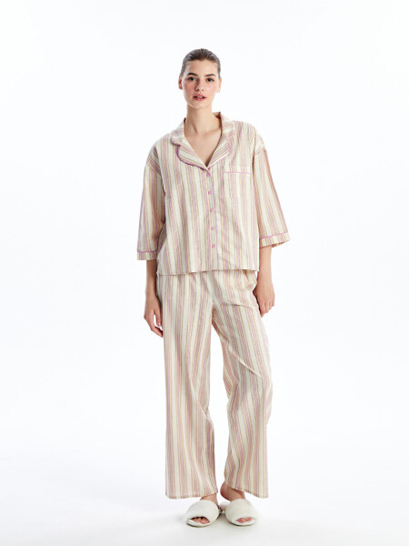 Women's Striped Short Sleeve Shirt Collar Pajama Set - 1