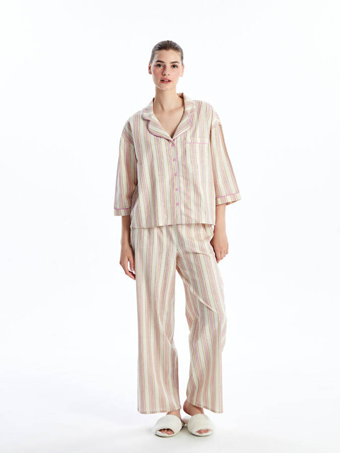 Women's Striped Short Sleeve Shirt Collar Pajama Set - 1