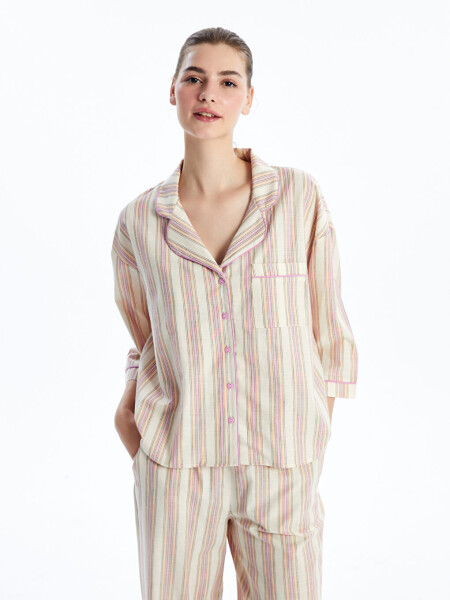 Women's Striped Short Sleeve Shirt Collar Pajama Set - 3