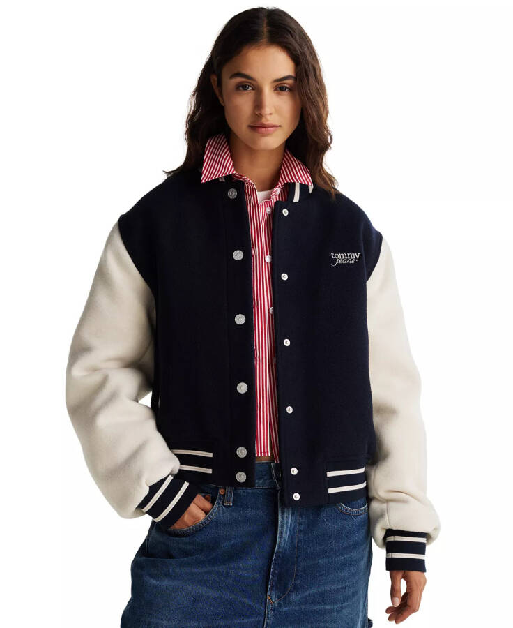 Women's Striped-Trim Colorblocked Varsity Jacket Dark Night Navy - 1