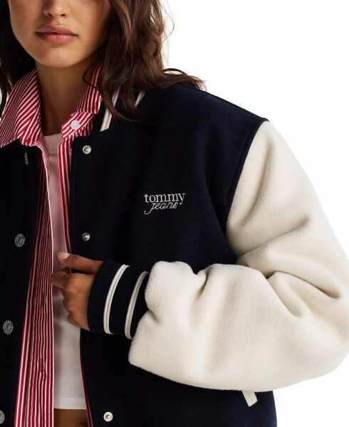 Women's Striped-Trim Colorblocked Varsity Jacket Dark Night Navy - 3