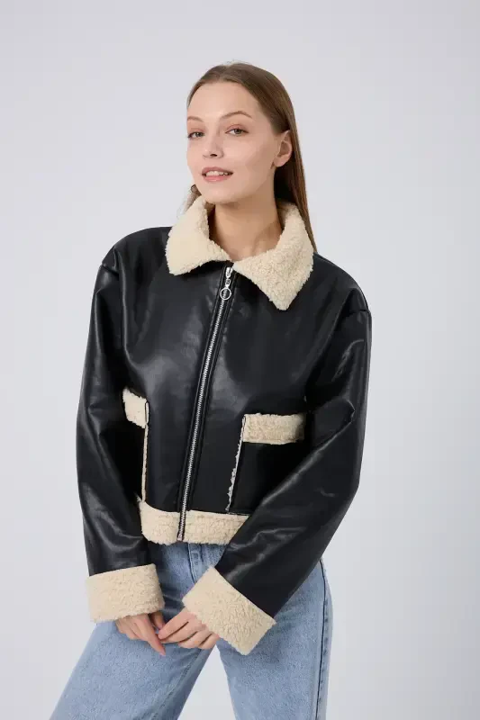Women's Stylish Leather Jacket with Fur Lining - Cream - 1