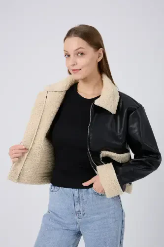 Women's Stylish Leather Jacket with Fur Lining - Cream - TRANSACOUSTIC (1)
