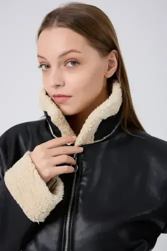 Women's Stylish Leather Jacket with Fur Lining - Cream - 3