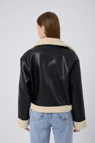 Women's Stylish Leather Jacket with Fur Lining - Cream - 4