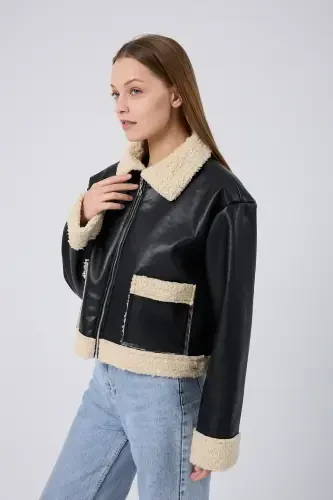 Women's Stylish Leather Jacket with Fur Lining - Cream - 5