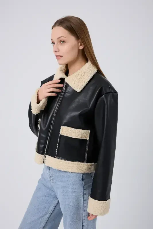 Women's Stylish Leather Jacket with Fur Lining - Cream - 5