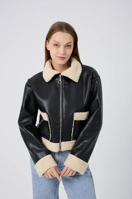 Women's Stylish Leather Jacket with Fur Lining - Cream - 6