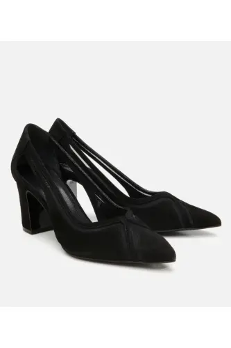 Women's Suede Black Transparent Detailed Chunky Heel Shoes-BLACK - HOTIÇ (1)