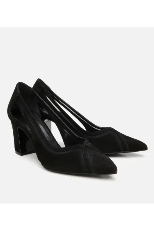 Women's Suede Black Transparent Detailed Chunky Heel Shoes-BLACK - 2